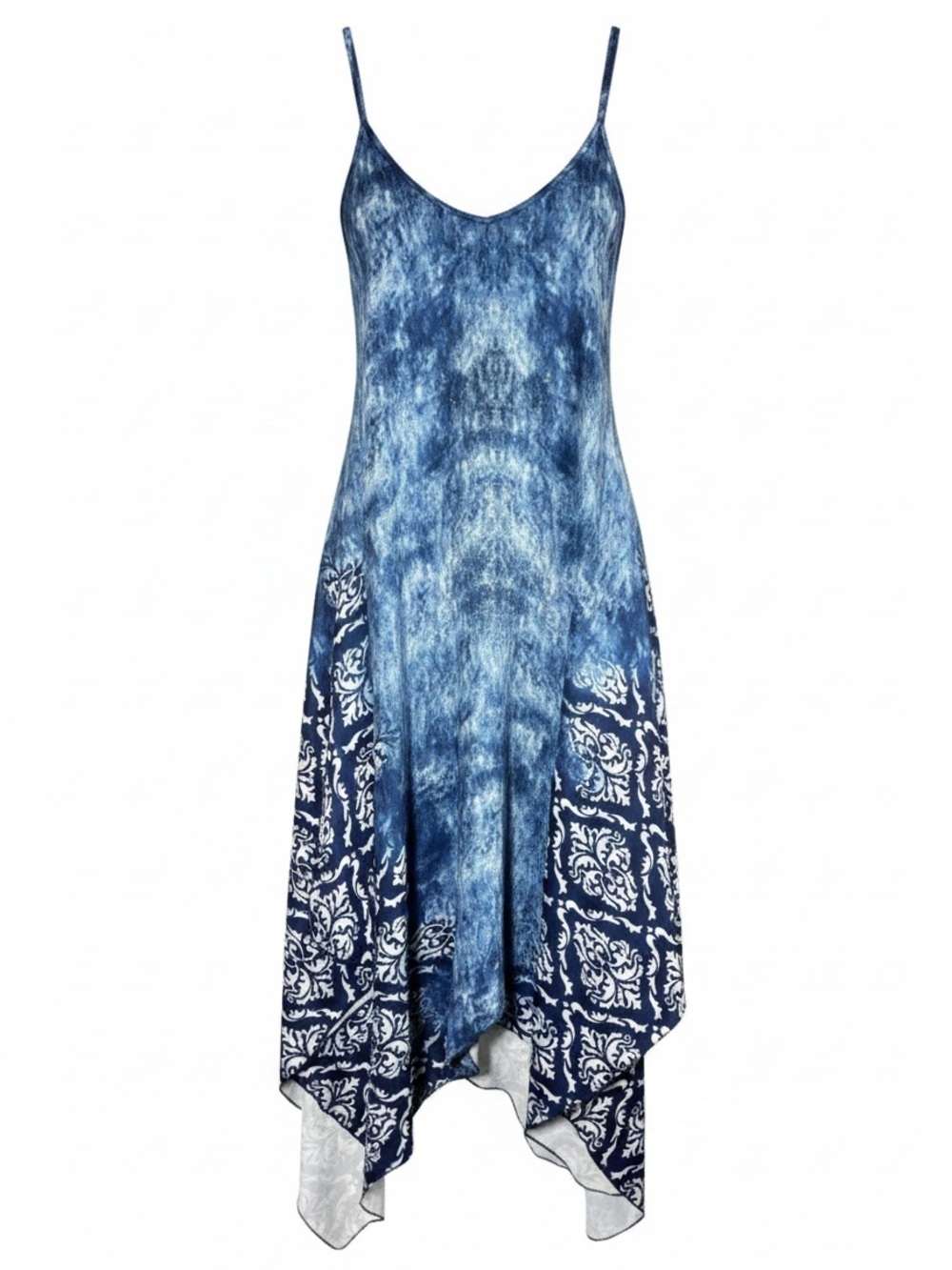 India Boutique Blue Boho Rhinestone Handkerchief Hem Dress One Size